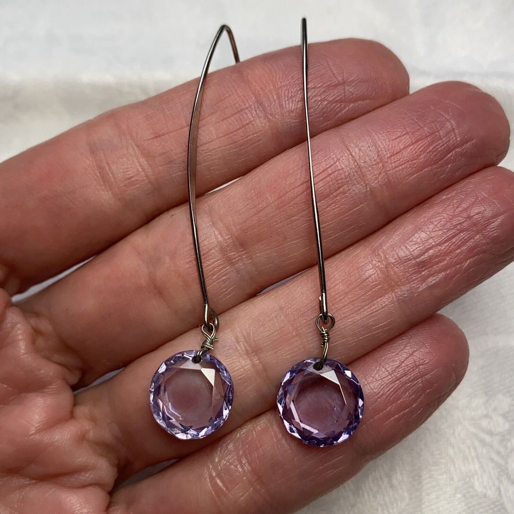 Purple Crystal Earrings Faceted Silver Tone Dangling Drop Comet - Picture 3 of 8